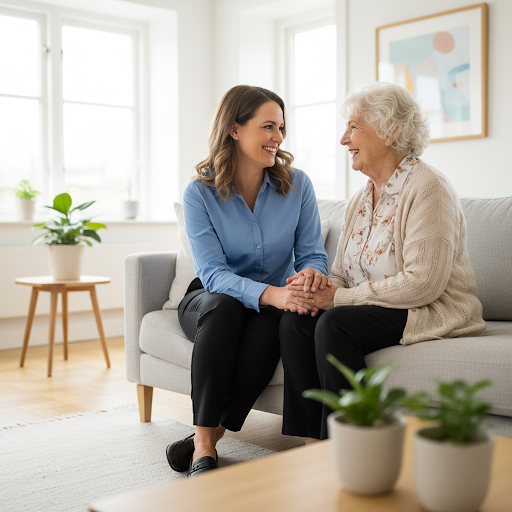 Support worker and elderly woman smiling together in a living room