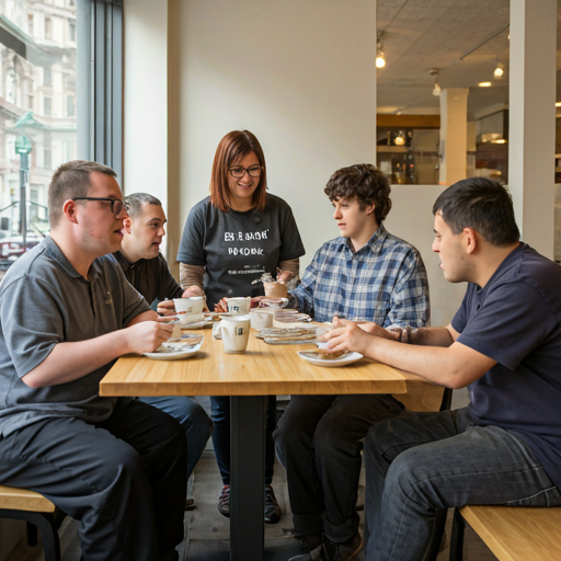 Small group of people with disabilities and a support worker enjoying a coffee shop outing together