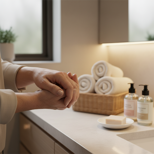 Hand holding another hand gently symbolizing personal care