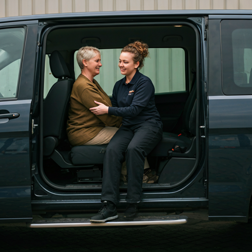 Support worker professionally and friendly assisting a participant into a clean, accessible vehicle
