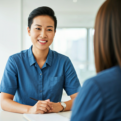 Professional support worker smiling and talking to a client