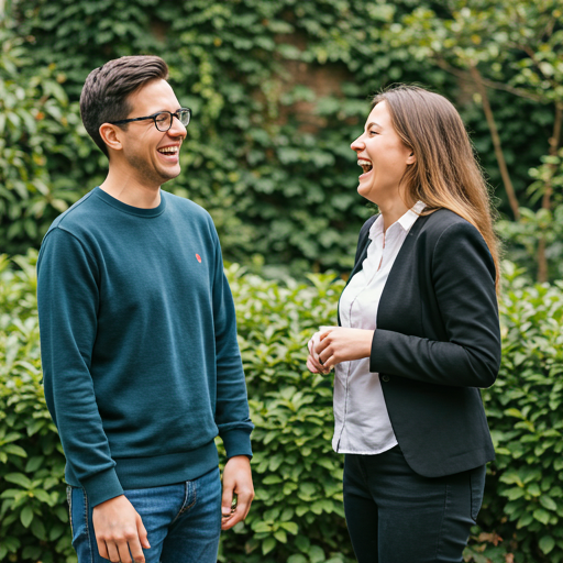 Two people laughing together in an outdoor garden